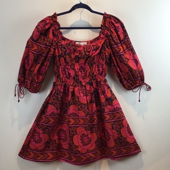 House of Harlow 1960 Shania Fuchsia block print puff sleeve milkmaid dress NWT M - Picture 1 of 7